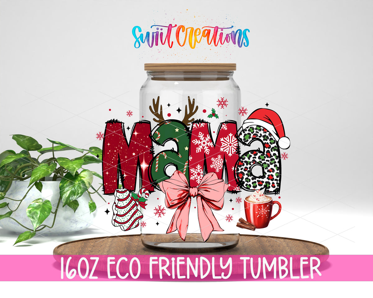 Christmas Mama Bow design on a 16 oz clear glass tumbler with bamboo lid