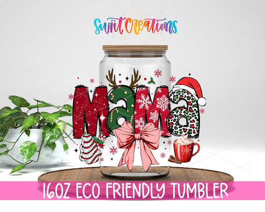 Christmas Mama Bow design on a 16 oz clear glass tumbler with bamboo lid