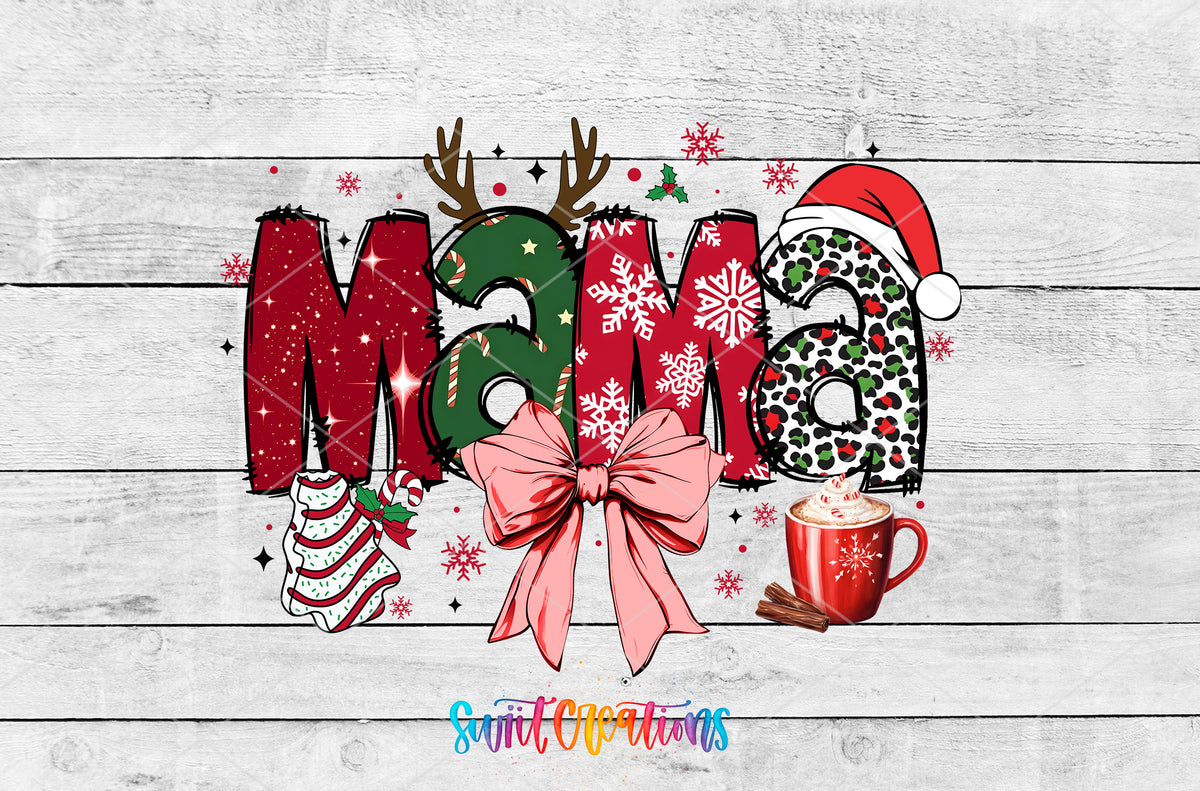 Christmas Mama Bow artwork detail for the finished 16 oz tumbler