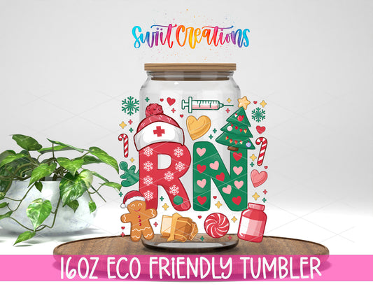RN Christmas Nurse design on a 16 oz clear glass tumbler with bamboo lid