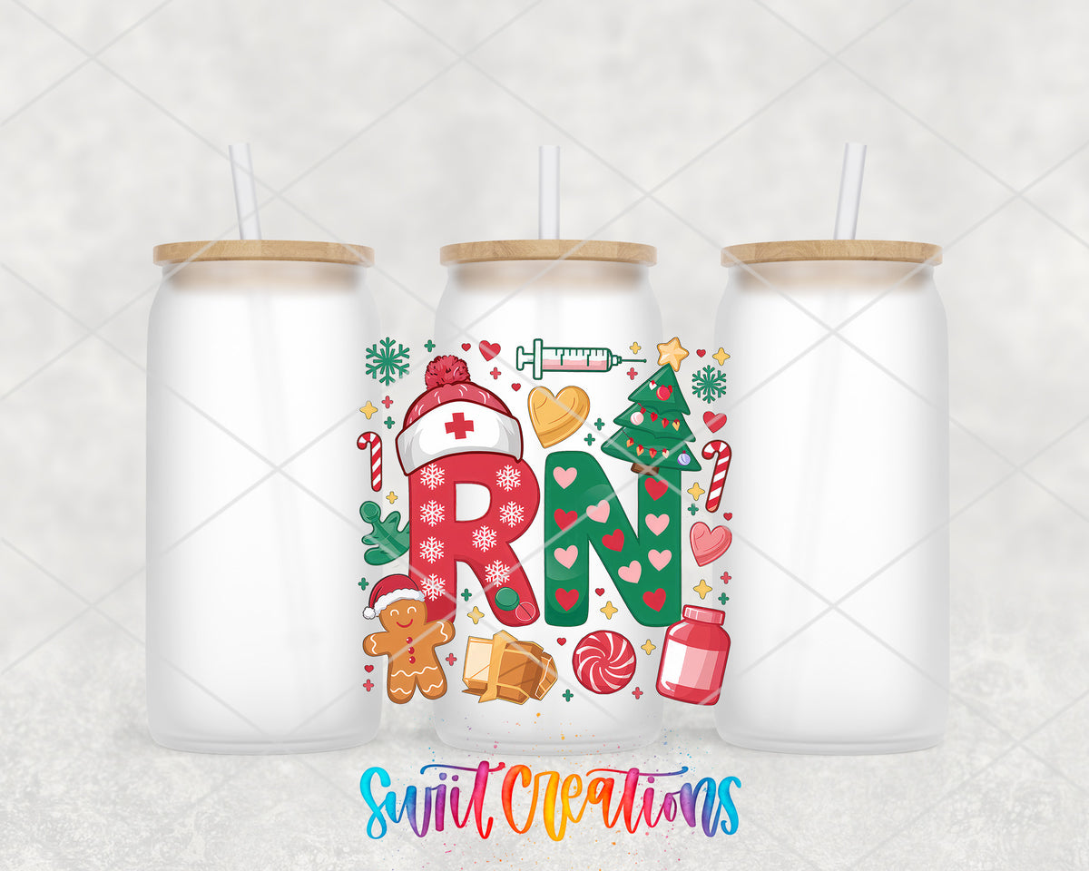 RN Christmas Nurse frosted glass tumbler group view with lids and straws