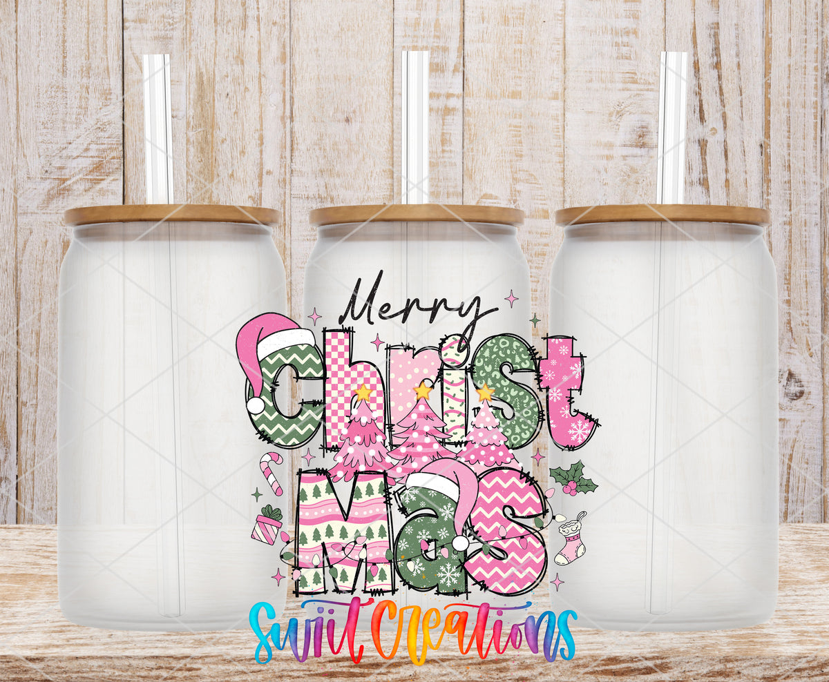 Merry Christmas Pink Patchwork frosted glass tumbler mockup with bamboo lids and straws