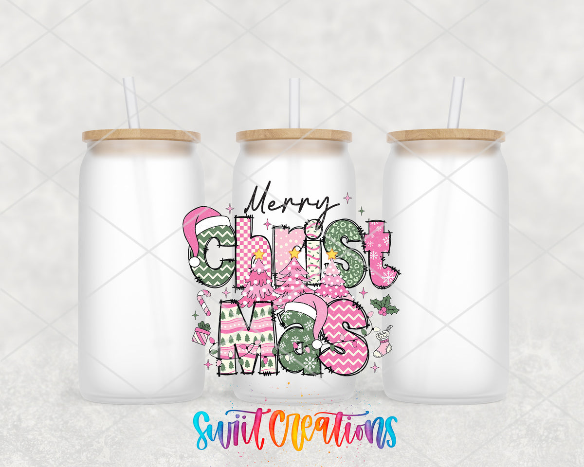 Merry Christmas Pink Patchwork frosted glass tumbler group view with lids and straws