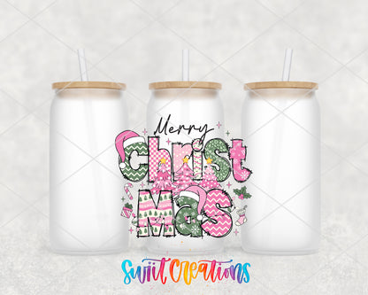 Merry Christmas Pink Patchwork frosted glass tumbler group view with lids and straws