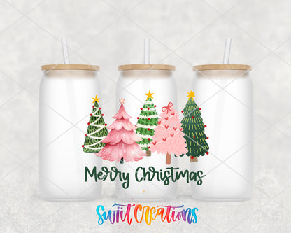 Merry Christmas Pink and Green Trees frosted glass tumbler group view with lids and straws