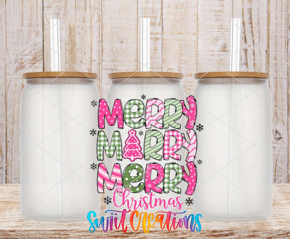 Merry Merry Merry Christmas frosted glass tumbler mockup with bamboo lids and straws
