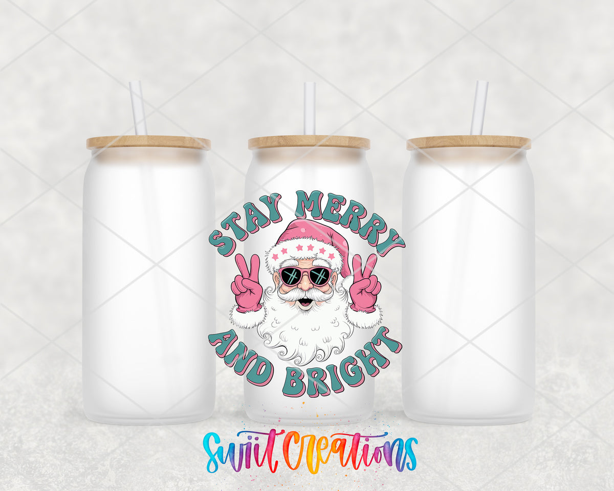 Stay Merry and Bright Santa frosted glass tumbler group view with lids and straws