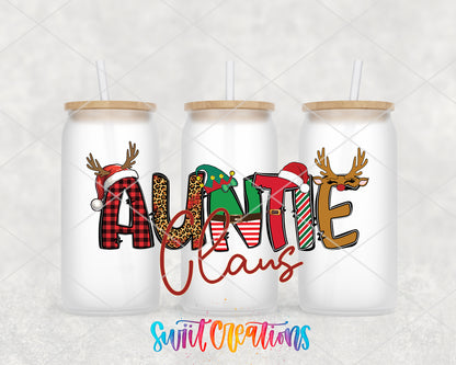 Auntie Claus frosted glass tumbler group view with lids and straws