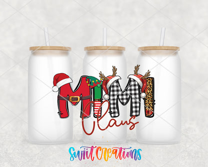 Mimi Claus frosted glass tumbler group view with lids and straws