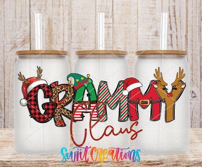 Grammy Claus frosted glass tumbler mockup with bamboo lids and straws