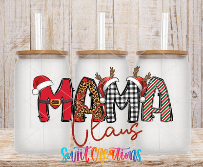 Mama Claus frosted glass tumbler mockup with bamboo lids and straws