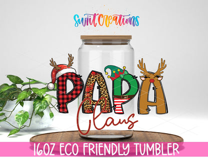 Papa Claus design on a 16 oz clear glass tumbler with bamboo lid