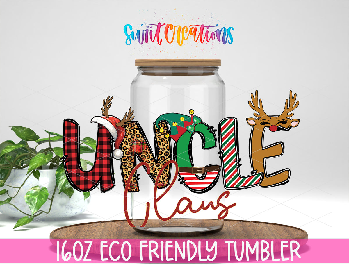 Uncle Claus design on a 16 oz clear glass tumbler with bamboo lid