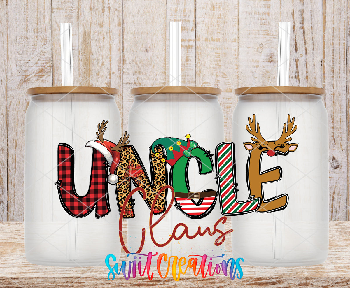 Uncle Claus frosted glass tumbler mockup with bamboo lids and straws