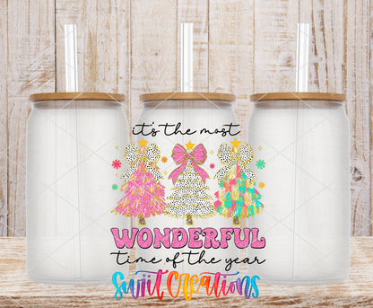 Most Wonderful Time Pink Christmas frosted glass tumbler mockup with bamboo lids and straws
