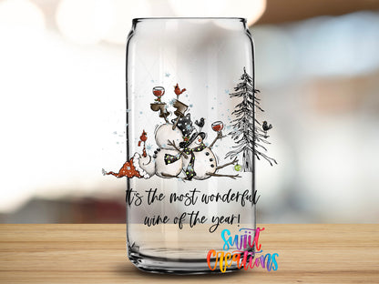 Most Wonderful Wine Christmas design close-up on a clear glass can tumbler