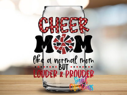 Cheer Mom Red design close-up on a clear glass can tumbler