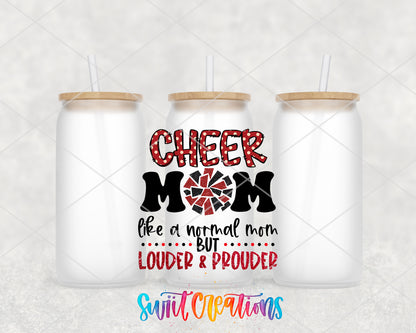 Cheer Mom Red frosted glass tumbler group view with lids and straws