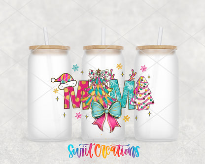 Pastel Christmas Mama frosted glass tumbler group view with lids and straws