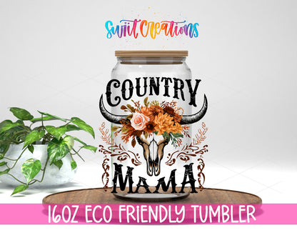 Country Mama design on a 16 oz clear glass tumbler with bamboo lid