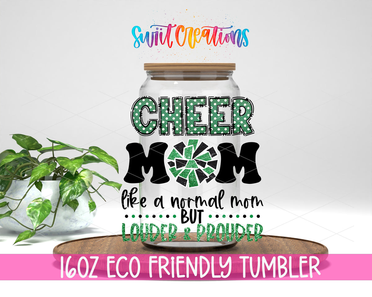 Cheer Mom Green design on a 16 oz clear glass tumbler with bamboo lid