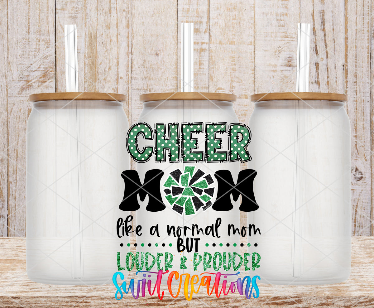 Cheer Mom Green frosted glass tumbler mockup with bamboo lids and straws