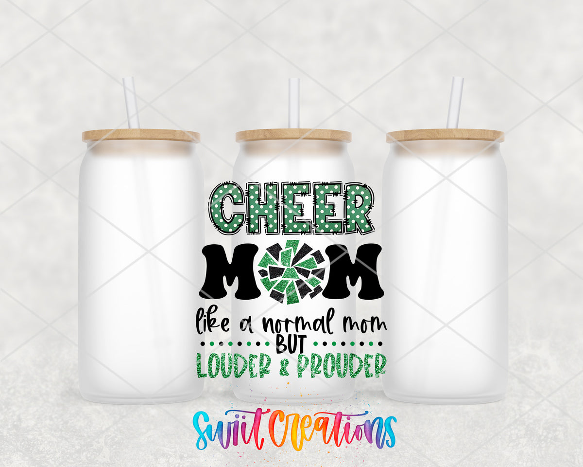 Cheer Mom Green frosted glass tumbler group view with lids and straws