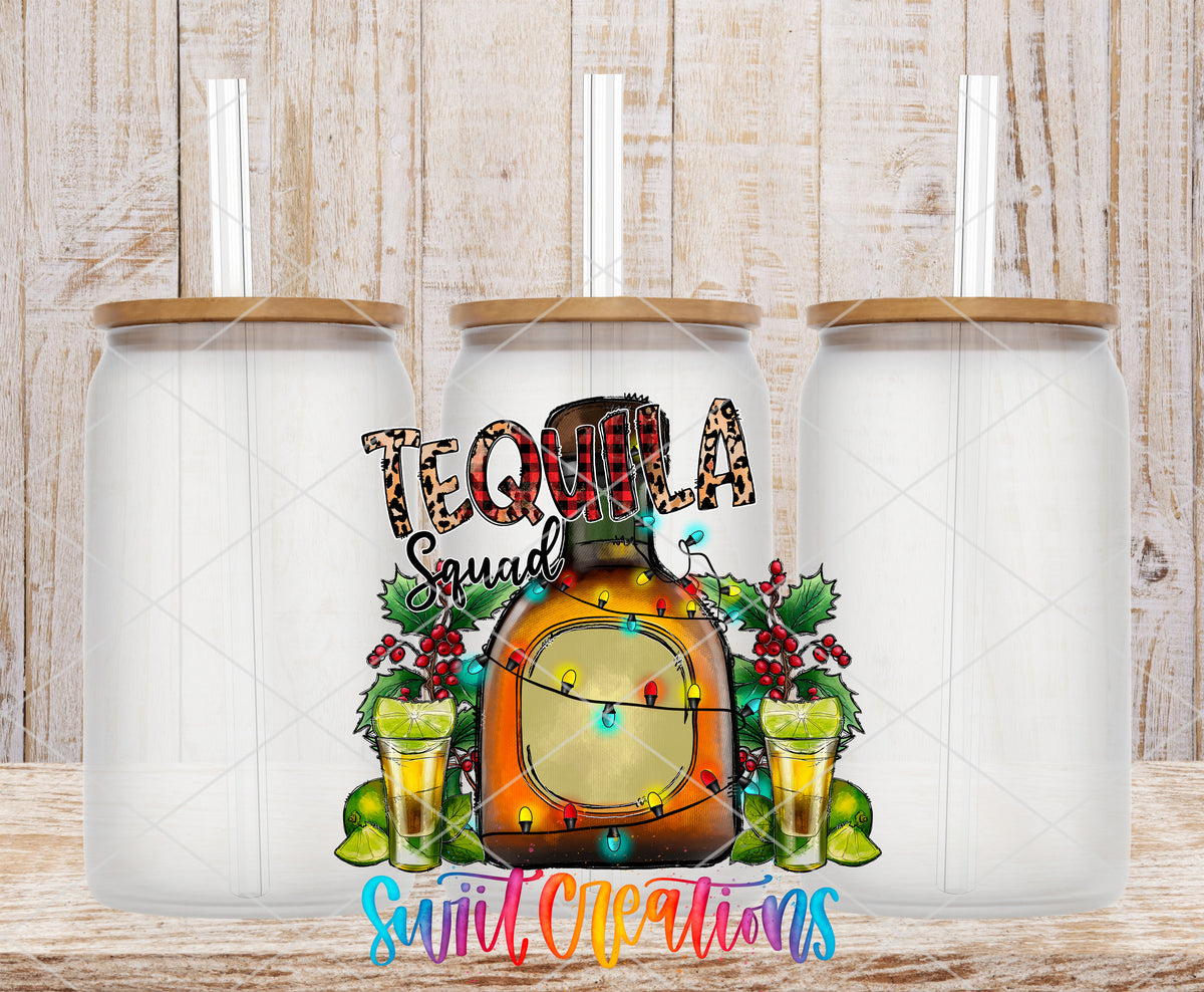 Christmas Tequila Squad frosted glass tumbler mockup with bamboo lids and straws