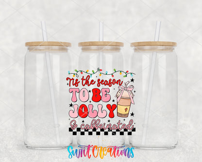 Tis the Season to Be Jolly and Caffeinated clear glass tumbler group mockup with bamboo lids and straws