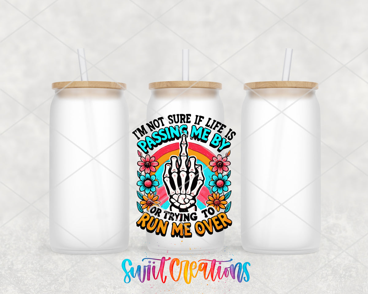 Life Is Passing Me By frosted glass tumbler group view with lids and straws