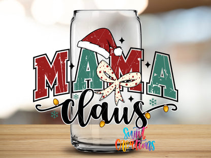Mama Claus design close-up on a clear glass can tumbler