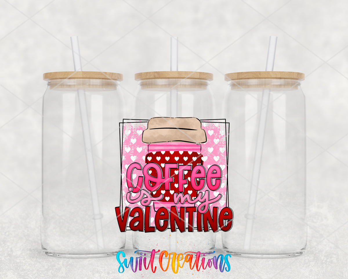 Coffee Is My Valentine clear glass tumbler group mockup with bamboo lids and straws