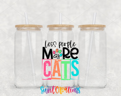 Less People More Cats clear glass tumbler group mockup with bamboo lids and straws