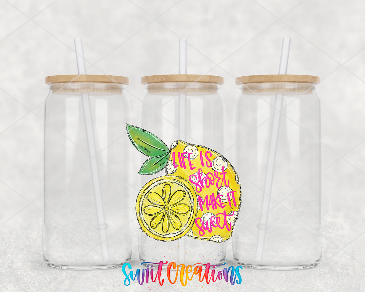 Life Is Short Make It Sweet clear glass tumbler group mockup with bamboo lids and straws