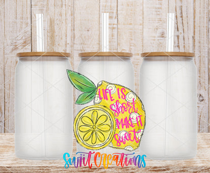 Life Is Short Make It Sweet frosted glass tumbler mockup with bamboo lids and straws