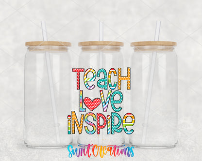 Teach Love Inspire clear glass tumbler group mockup with bamboo lids and straws