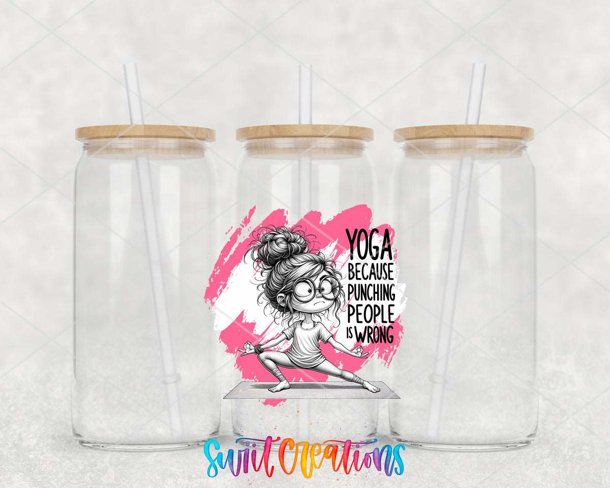 Yoga Because Punching People Is Wrong clear glass tumbler group mockup with bamboo lids and straws