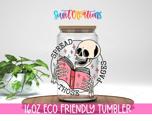 Spread Those Pages design on a 16 oz clear glass tumbler with bamboo lid