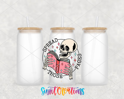 Spread Those Pages frosted glass tumbler group view with lids and straws