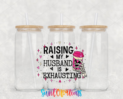 Raising My Husband Is Exhausting clear glass tumbler group mockup with bamboo lids and straws