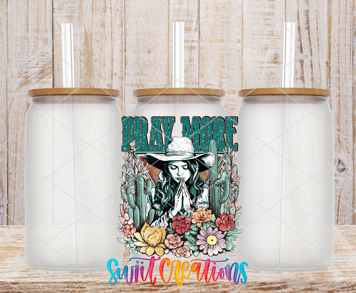 Pray More frosted glass tumbler mockup with bamboo lids and straws