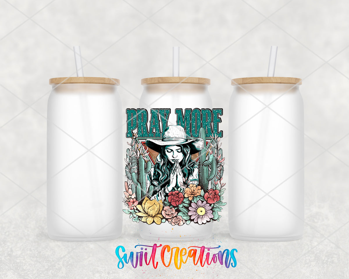 Pray More frosted glass tumbler group view with lids and straws