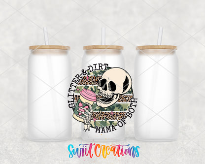 Glitter and Dirt Mama of Both frosted glass tumbler group view with lids and straws