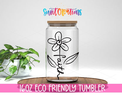 Faith Flower design on a 16 oz clear glass tumbler with bamboo lid