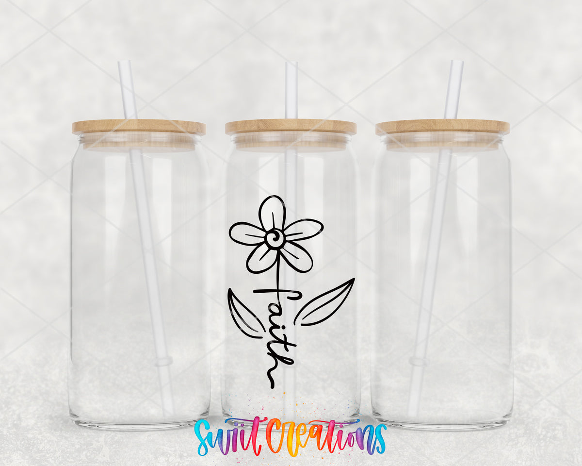 Faith Flower clear glass tumbler group mockup with bamboo lids and straws