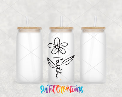 Faith Flower frosted glass tumbler group view with lids and straws