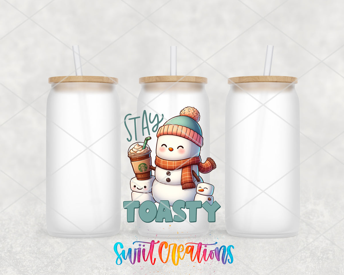 Stay Toasty Snowman frosted glass tumbler group view with lids and straws