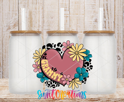 Grammy Floral Heart frosted glass tumbler mockup with bamboo lids and straws