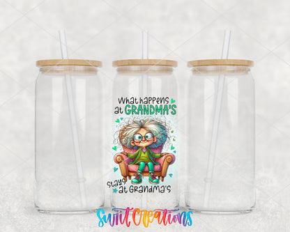 What Happens at Grandma's clear glass tumbler group mockup with bamboo lids and straws