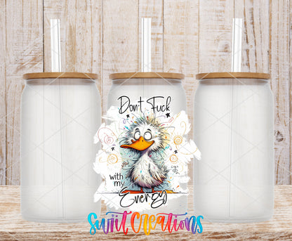 Don't Fuck With My Energy frosted glass tumbler mockup with bamboo lids and straws